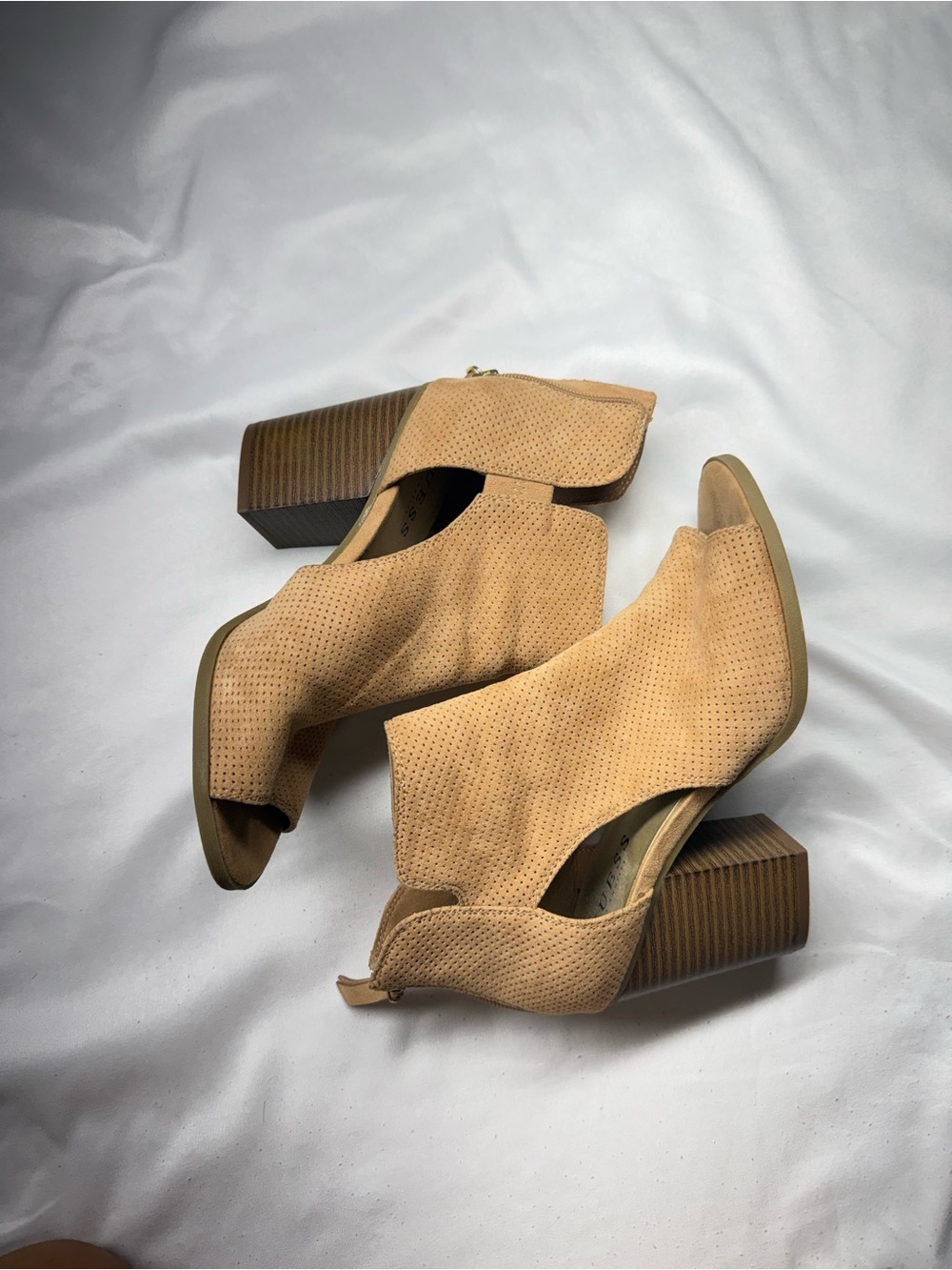 Guess Tan Suede Perforated Peep-Toe Block Heel Booties